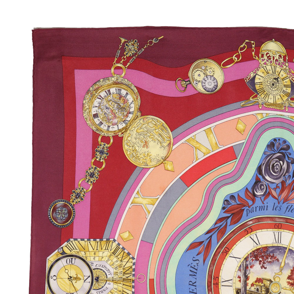 HERMES scarf silk Red Time spent in the flowers parmi les fleurs je compte les heures Carre90 Women Used Authentic