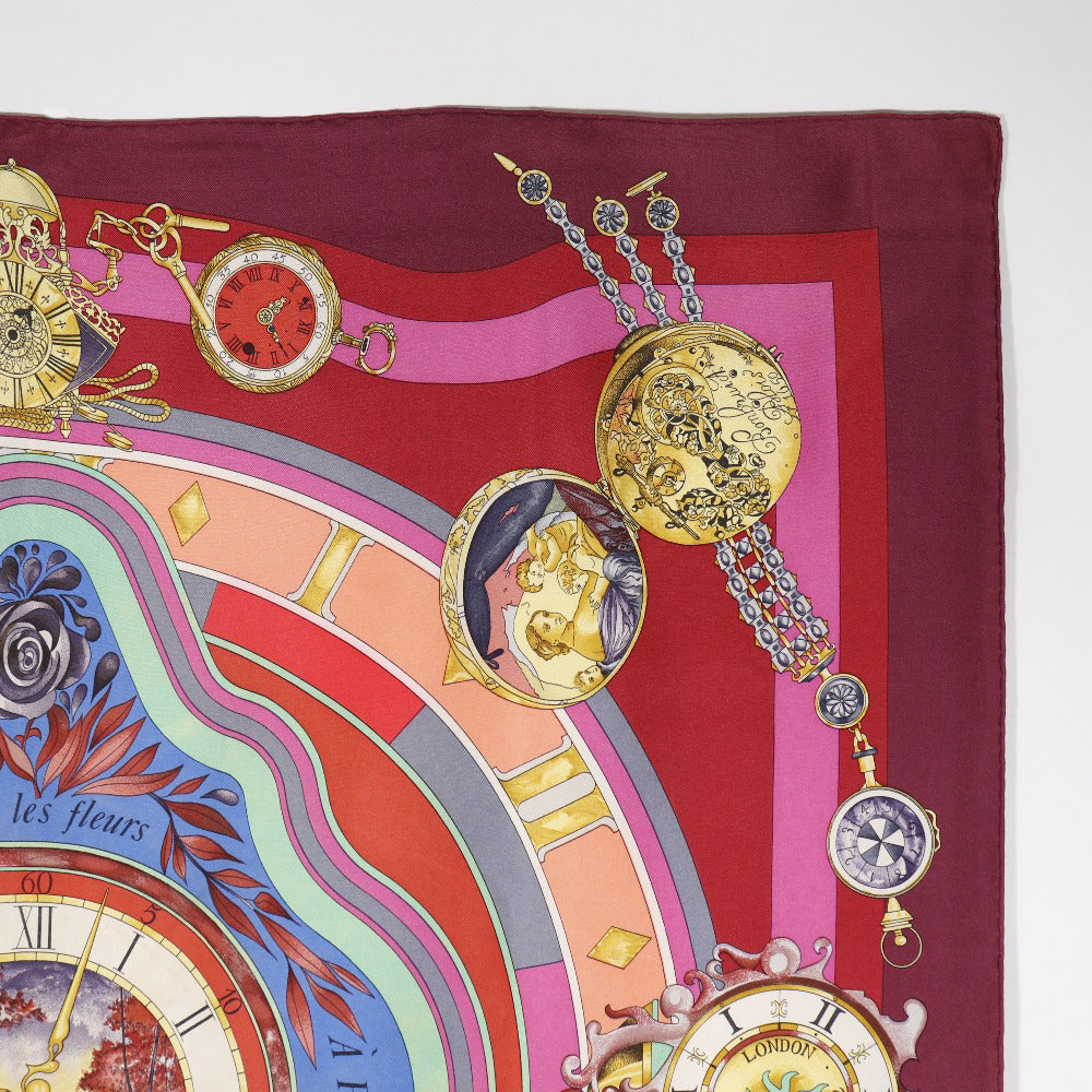 HERMES scarf silk Red Time spent in the flowers parmi les fleurs je compte les heures Carre90 Women Used Authentic