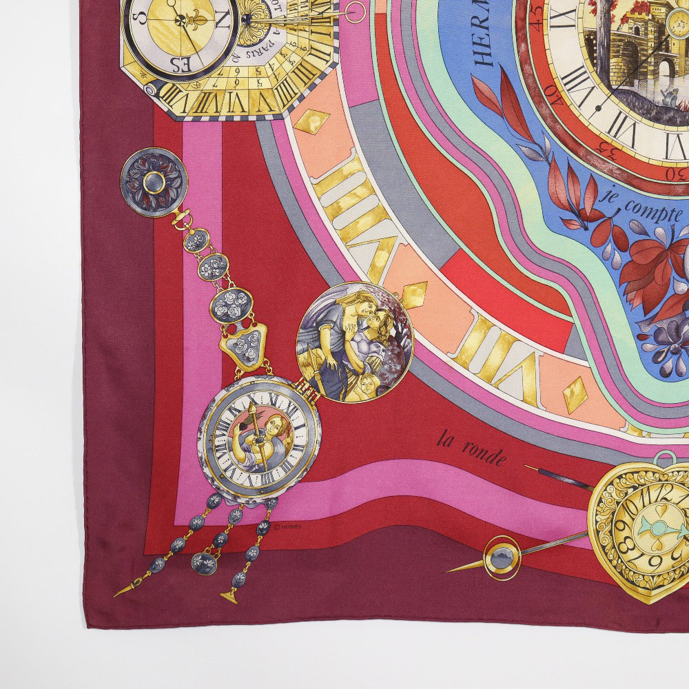 HERMES scarf silk Red Time spent in the flowers parmi les fleurs je compte les heures Carre90 Women Used Authentic