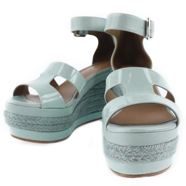 HERMES Sandals Wedge sole Espadrille Leather, Patent Leather light blue Women Used Authentic