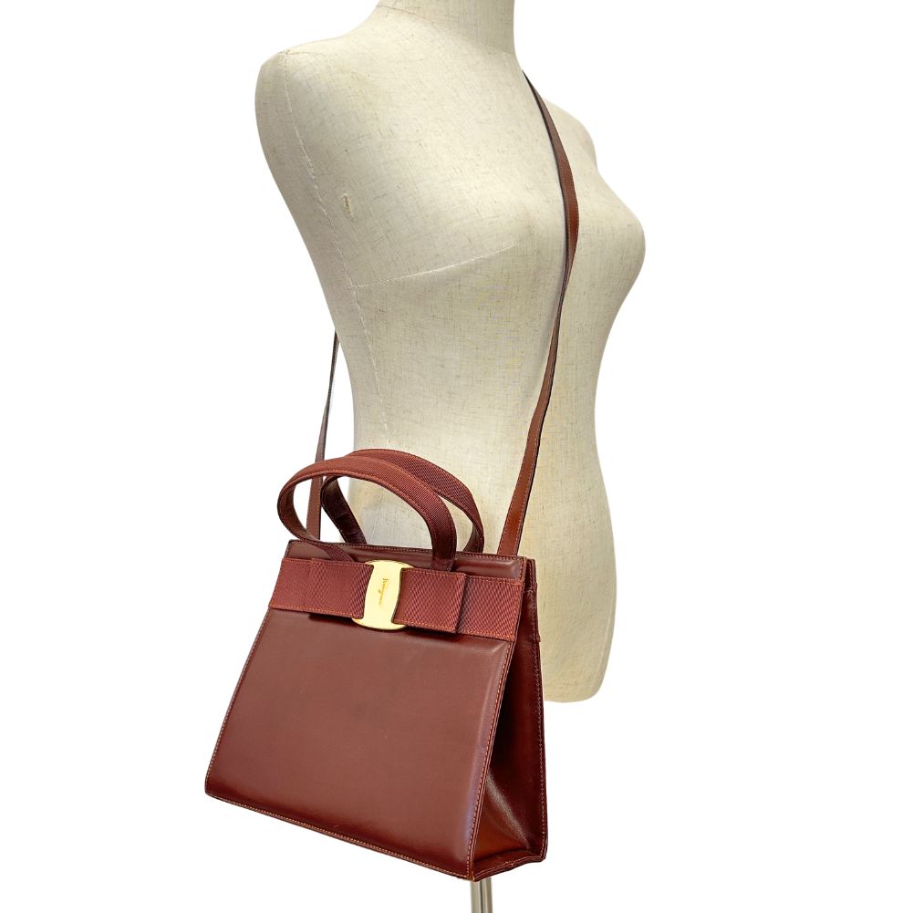 Salvatore Ferragamo Handbag Calfskin Brown 2WAYShoulder Vara ribbon Women Used Authentic