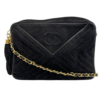 CHANEL Shoulder Bag Suede black Vstitch ChainShoulder Women Used Authentic