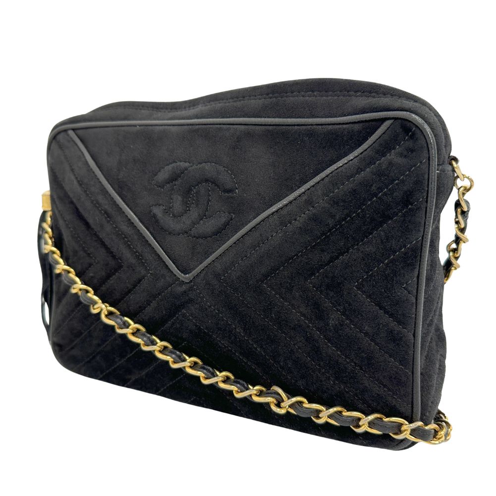 CHANEL Shoulder Bag Suede black Vstitch ChainShoulder Women Used Authentic