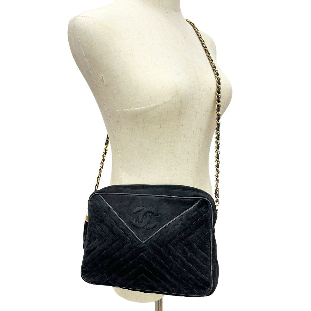 CHANEL Shoulder Bag Suede black Vstitch ChainShoulder Women Used Authentic