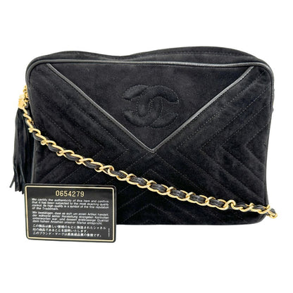 CHANEL Shoulder Bag Suede black Vstitch ChainShoulder Women Used Authentic