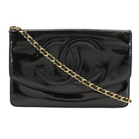 CHANEL Long Wallet Purse Chain wallet Patent leather black Women Used Authentic