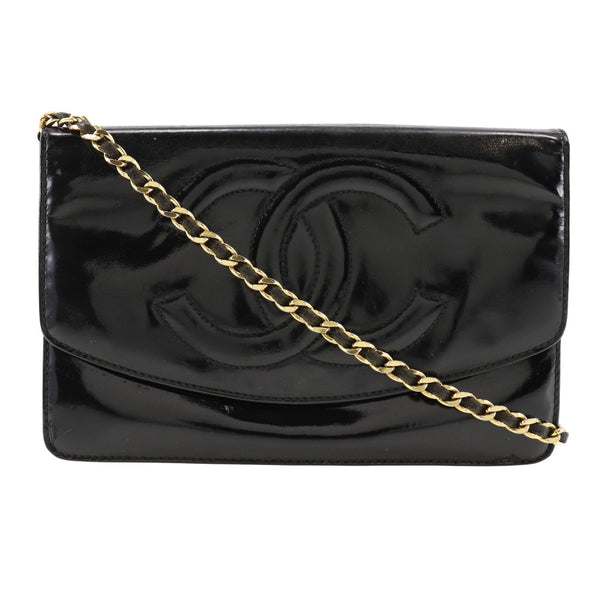 CHANEL Long Wallet Purse Chain wallet Patent leather black Women Used Authentic