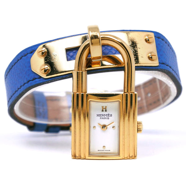 HERMES Watches Quartz Kelly watch Plated Gold, Leather 729333 Blue/Gold Metal Dial color:White Women Used Authentic