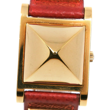 HERMES Watches Quartz Plated Gold , Leather Red Medor White dial Women Used Authentic