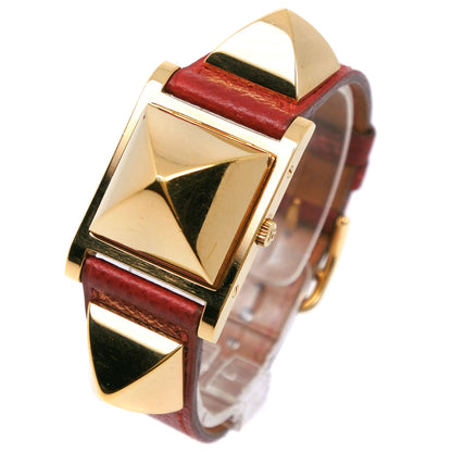 HERMES Watches Quartz Plated Gold , Leather Red Medor White dial Women Used Authentic