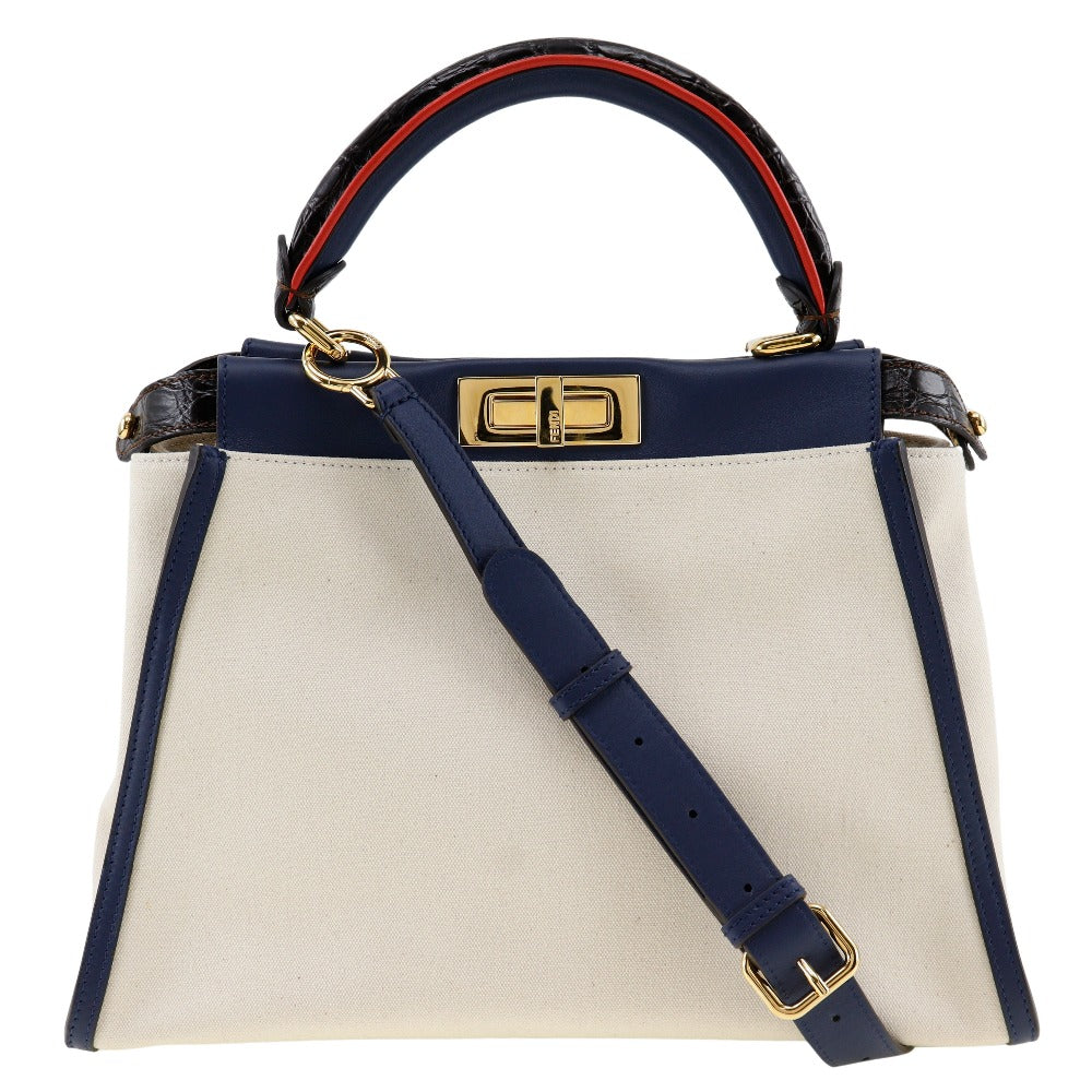 FENDI Handbag 8BN290 Canvas, Calfskin White / navy 2WAYShoulder Peekaboo Women Used Authentic