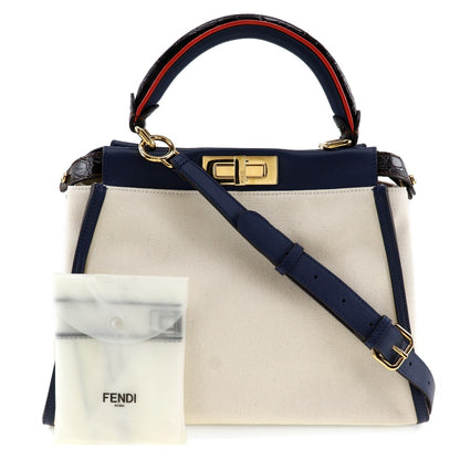 FENDI Handbag 8BN290 Canvas, Calfskin White / navy 2WAYShoulder Peekaboo Women Used Authentic