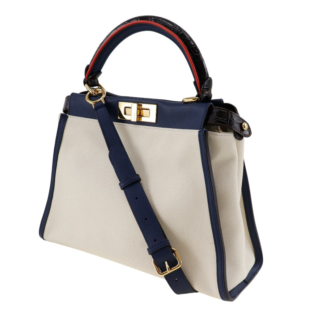 FENDI Handbag 8BN290 Canvas, Calfskin White / navy 2WAYShoulder Peekaboo Women Used Authentic