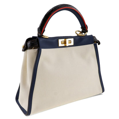 FENDI Handbag 8BN290 Canvas, Calfskin White / navy 2WAYShoulder Peekaboo Women Used Authentic