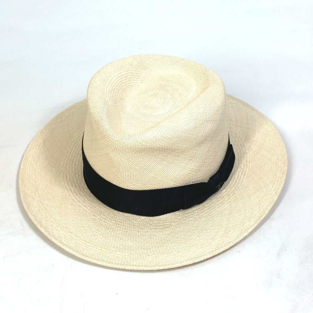 CHANEL hat straw beige CC COCO Mark Grosgrain Ribbon 19V Women M Used Authentic