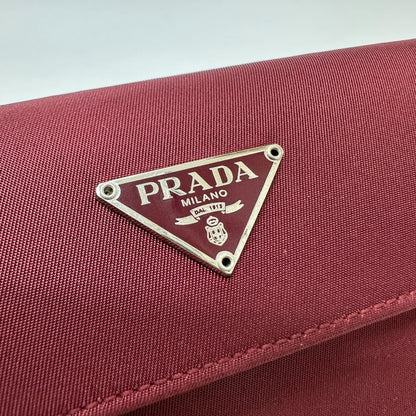 PRADA Trifold wallet Nylon, Saffiano Leather wine-red Triangle logo mens Used Authentic