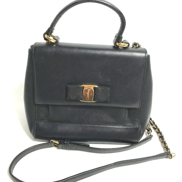 Salvatore Ferragamo Shoulder Bag Crossbody handbags 2WAY Chain Vala Ribbon Ribon leather black Women Used Authentic