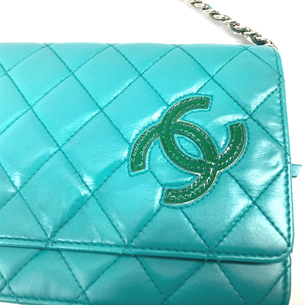 CHANEL Shoulder Bag leather green Crossbody long wallet CC COCO Mark Quilting Matelasse Women Used Authentic