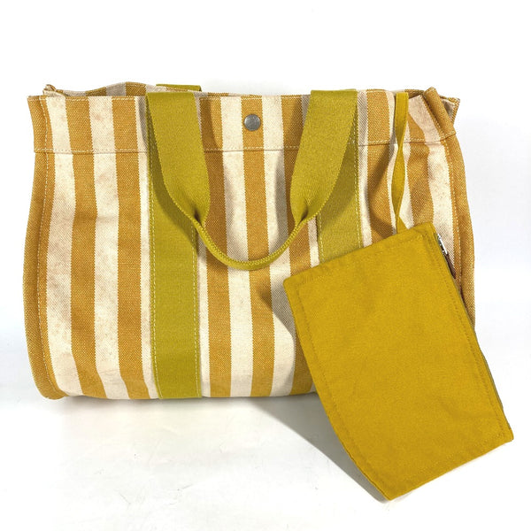 HERMES Tote Bag shoulder bag With porch Cannes MM Stripes canvas yellow Women Used Authentic
