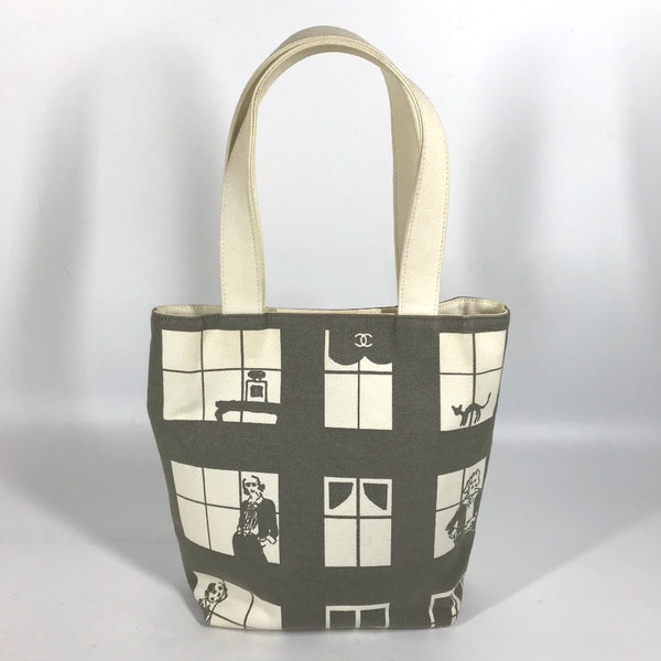 CHANEL Shoulder Bag Tote Bag Windows line Handbag canvas Gray x white Women Used Authentic