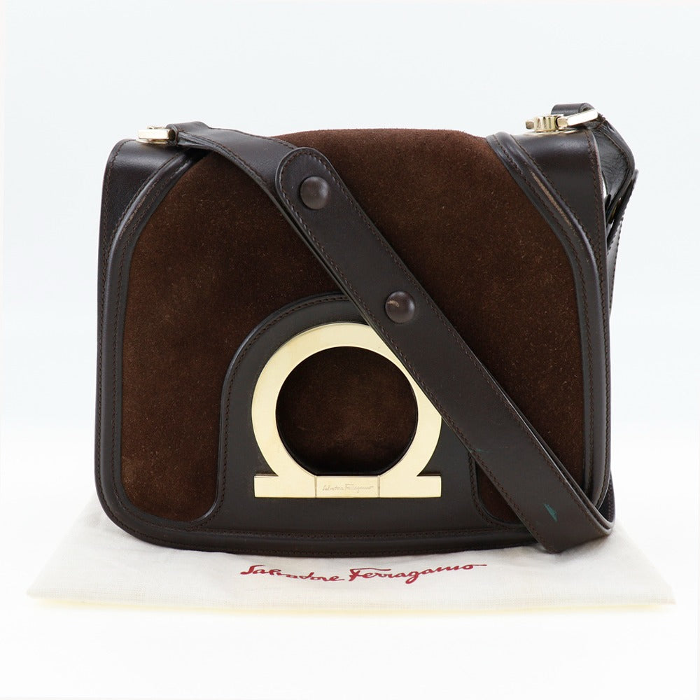 Salvatore Ferragamo Shoulder Bag Suede Leather Brown Gancini Women Us Japan second hand luxury bags online supplier Arigatou Share Japan