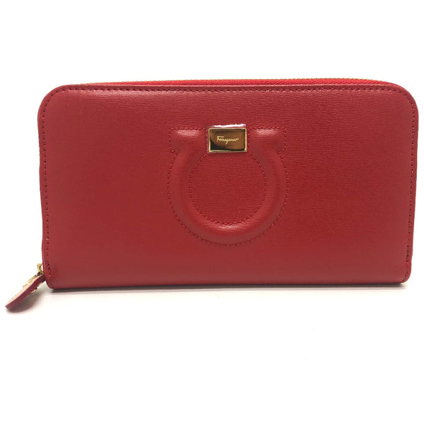 Salvatore Ferragamo Long Wallet Purse Wallet Gancini Zip Around leather Red Women Used Authentic