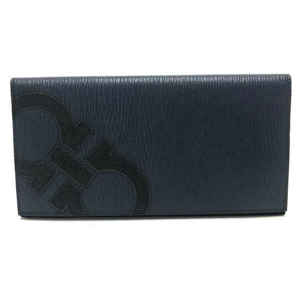 Salvatore Ferragamo Long Wallet Purse Wallet Gancini Bill Compartment leather Navy mens Used Authentic