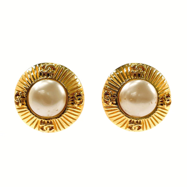 CHANEL Earring COCO Mark Gold Plated, Faux Pearl gold Women Used Authentic