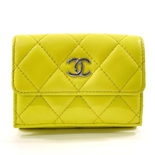 CHANEL Tri-fold wallet COCO Mark Matrasse lambskin yellow Women Used Authentic