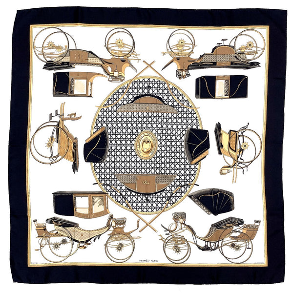 HERMES scarf LES VOITURES A TRANSFORMATION Folding hooded carriage Carre 90 Silk, 100% silk black Women Used Authentic