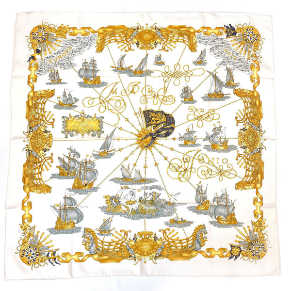 HERMES scarf VOILES DE LUMIERE Light sailing ship Carre 90 Silk, 100% silk white Women Used Authentic