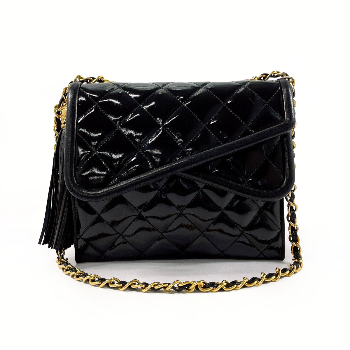 CHANEL Shoulder Bag Patent leather black W flap ChainShoulder Matrasse