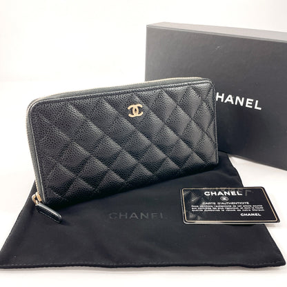 CHANEL Long Wallet Purse Matt caviar skin black Zip Around COCO Mark