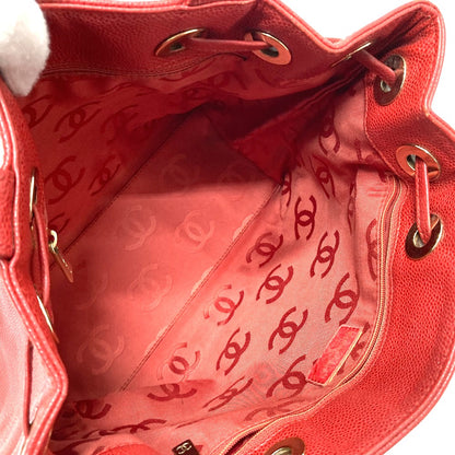 CHANEL Tote Bag Caviar skin Red CC COCO Mark Wood-like drawstring type Women Used Authentic