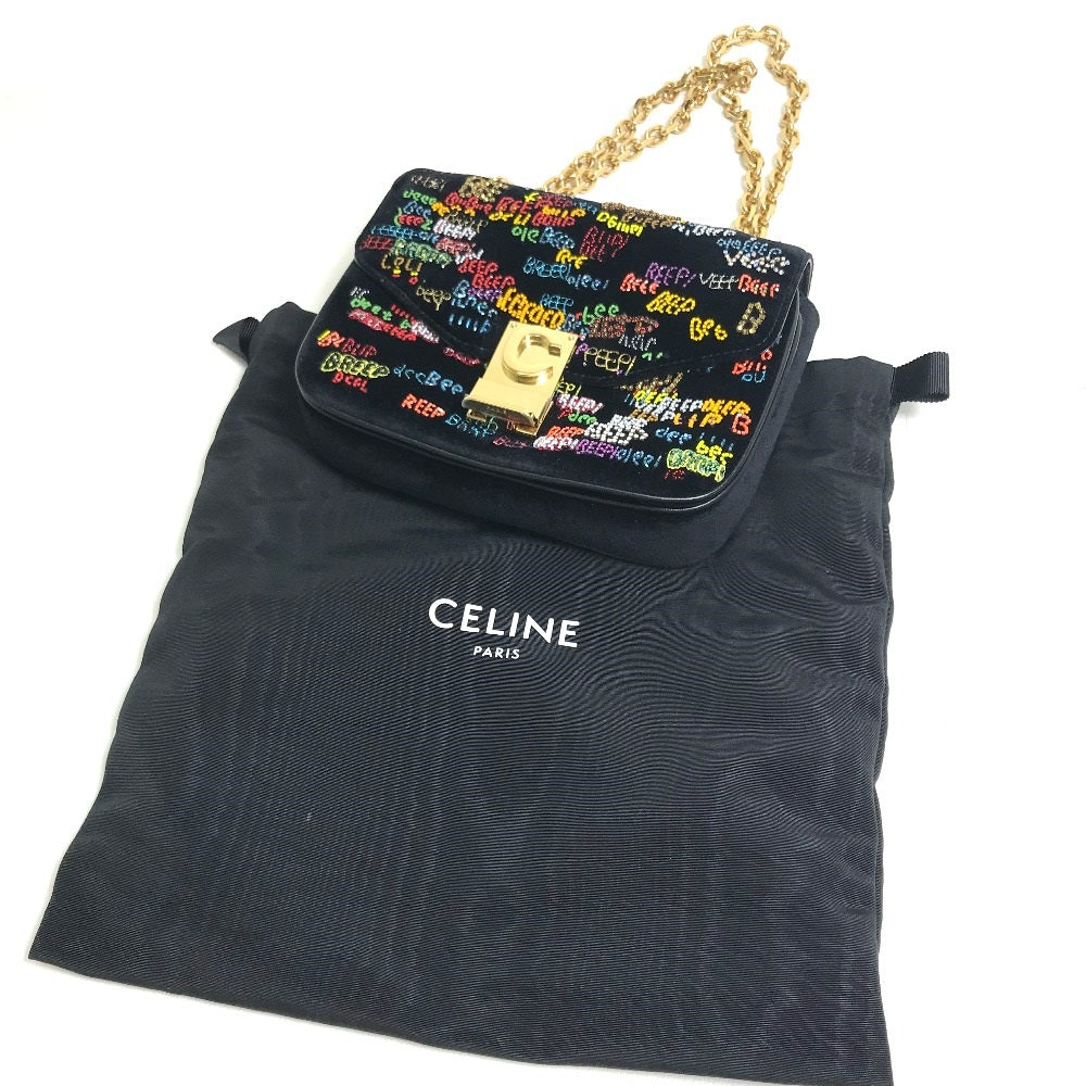 CELINE Shoulder Bag suede Black x multicolor Small C multi beads