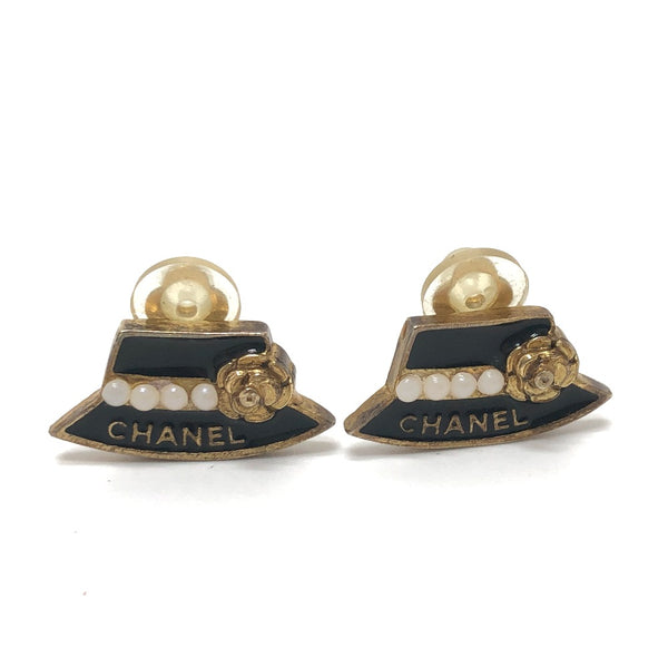 CHANEL Earring 02A Hat motif Gold Plated black Women Used Authentic