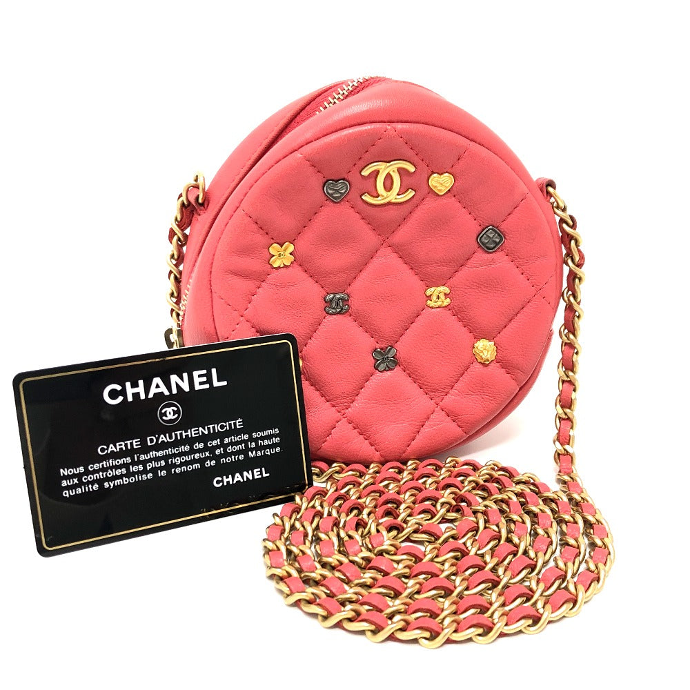 CHANEL Shoulder Bag lambskin Pink type CC COCO Mark Matelasse Mini Round Women Used Authentic