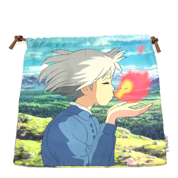 LOEWE Pouch Drawstring bag Ghibli collaboration howl's moving castle drawstring canvas C822057X24 blue Women Used Authentic