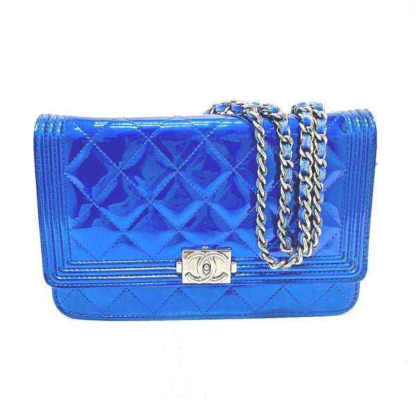 CHANEL Shoulder Bag Chain wallet Long Wallet Purse Bag Chain Bag Boy Chanel CC COCO Mark Patent leather gunmetal blue Women Used Authentic