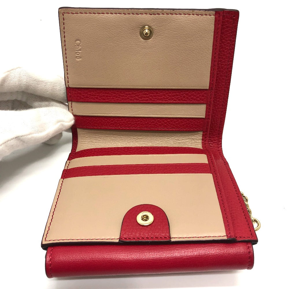 Chloe Folded wallet leather Red Chain compact wallet Women Used Authentic