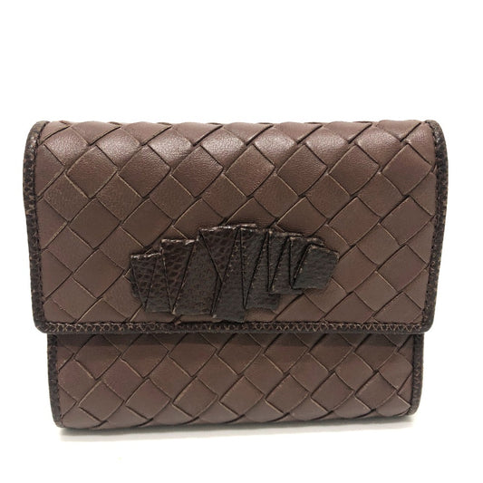 BOTTEGAVENETA Trifold wallet leather Brown INTRECCIATO Compact wallet Women Used Authentic