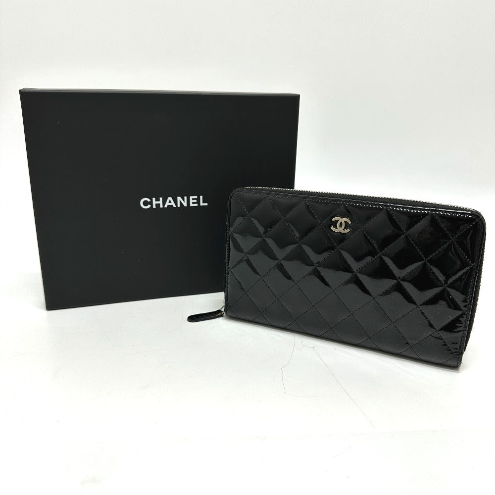 CHANEL Long Wallet Purse Patent calf leather black Matrasse