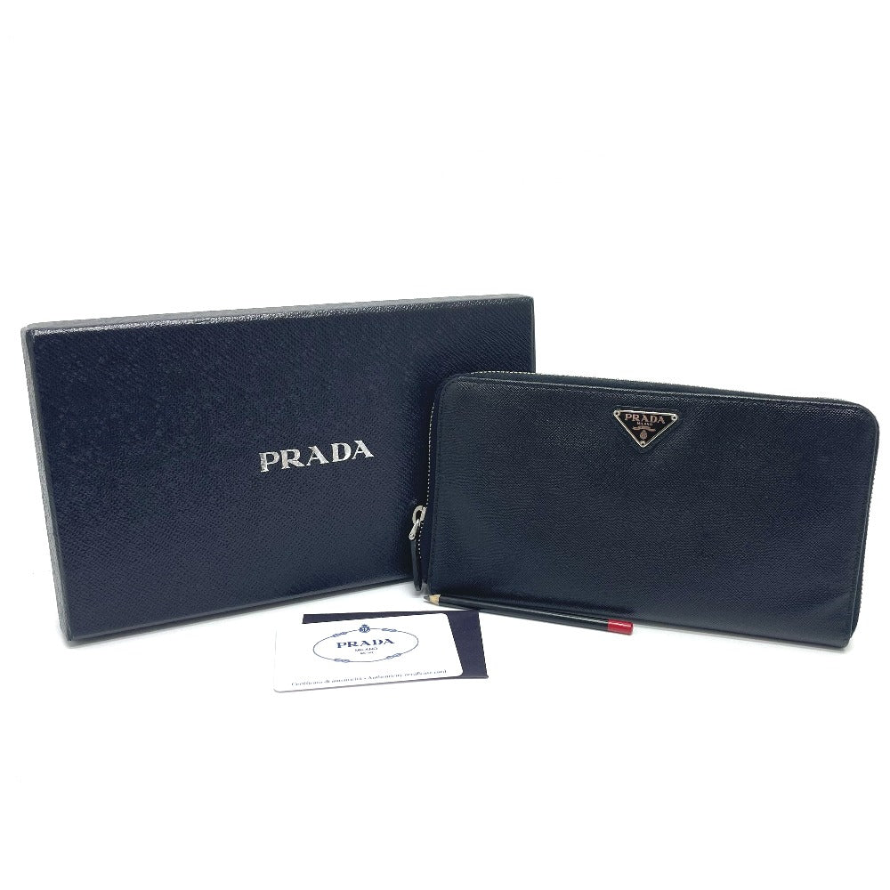 PRADA Long Wallet Purse 1M1188 Safiano leather black Triangular logo organizer mens Used Authentic