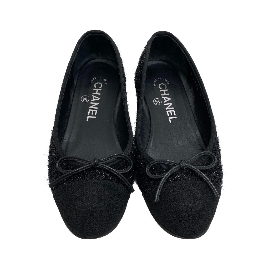 CHANEL Ballet shoes G02819 Leather, Fabric black 34 1/2C COCO Mark Lame Women 34 1/2C Used Authentic