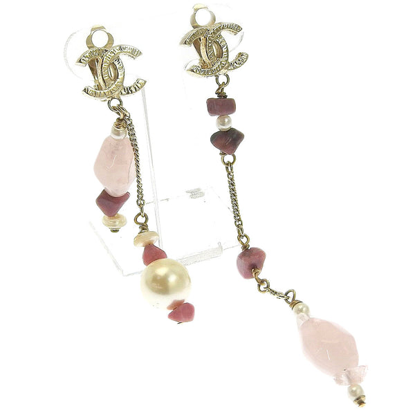 CHANEL Earring asymmetry COCO Mark Metal, Color Stone pink Women Used Authentic