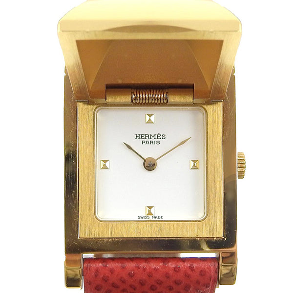 HERMES Watches Quartz Medor Plated Gold, Leather gold Dial color:White Women Used Authentic