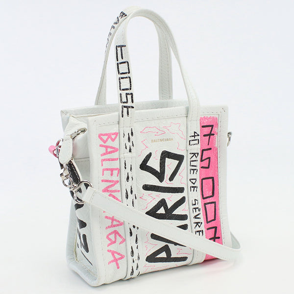 BALENCIAGA 513988 Bazaar Shopper XS Graffiti Tote Bag leather white Women