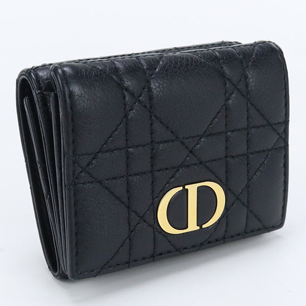 Christian Dior Three fold wallet Dior Caro Calfskin Black Women