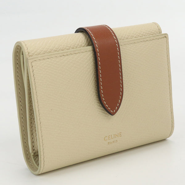 CELINE strap trifold wallet compact wallet Calfskin beige Women