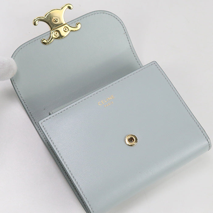 CELINE 10D78 3DPV Tri-fold wallet Triomphe Small flap wallet leather Light Blue Women